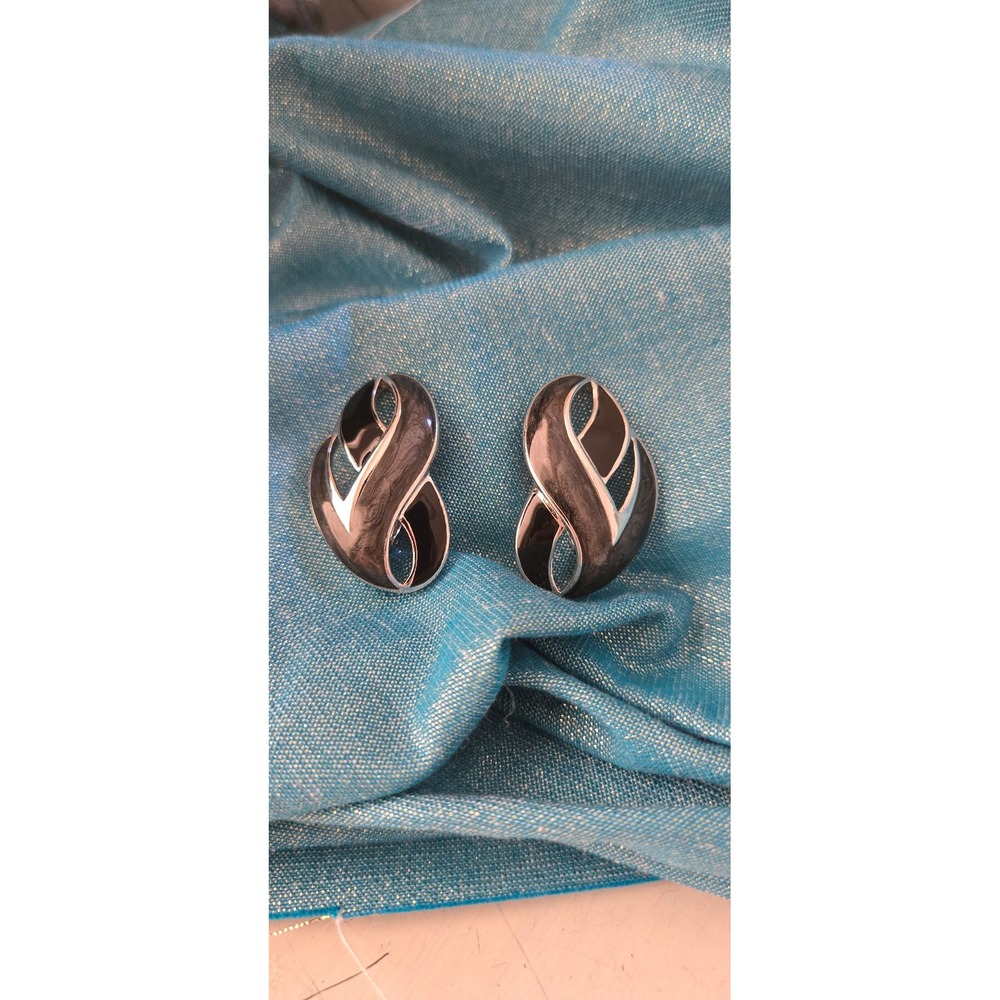 Vintage Trifari Black and Gray Swirl Earrings Clip-On 1990s